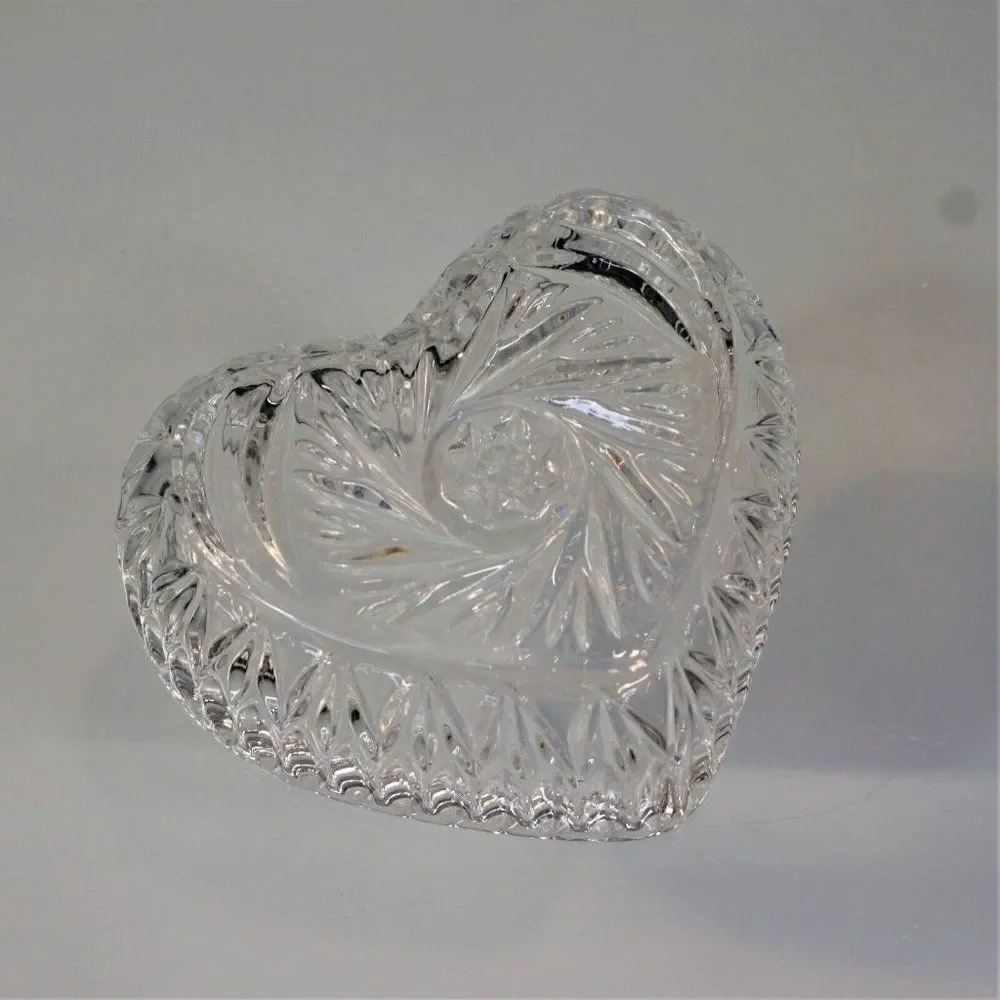 Vintage Trinket Dish Heart Shaped Starburst Crystal Cut Glass Jewelry Box